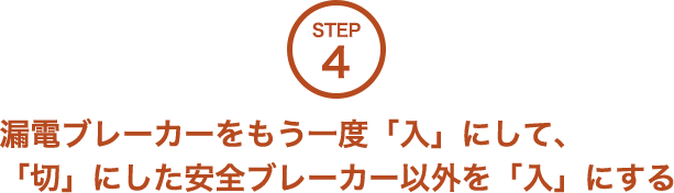 STEP4 漏電ブレーカーをもう一度「入」にして、「切」にした安全ブレーカー以外を「入」にする