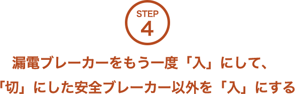 STEP4 漏電ブレーカーをもう一度「入」にして、「切」にした安全ブレーカー以外を「入」にする