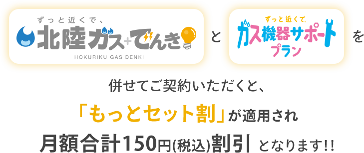 「ずっと近くで、北陸ガス＋でんき」と「ずっと近くで、ガス機器サポートプラン」を併せてご契約いただくと、「もっとセット割」が適用され月額合計150円（税込）割引となります！！