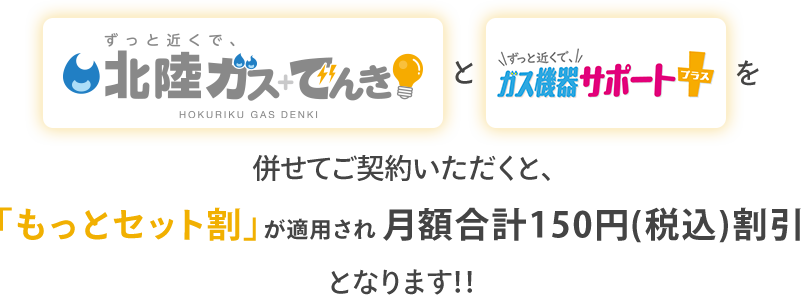 「ずっと近くで、北陸ガス＋でんき」と「ずっと近くで、ガス機器サポートプラス」を併せてご契約いただくと、「もっとセット割」が適用され月額合計150円（税込）割引となります！！