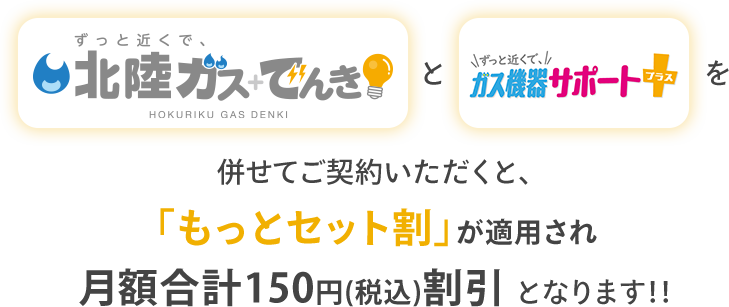 「ずっと近くで、北陸ガス＋でんき」と「ずっと近くで、ガス機器サポートプラス」を併せてご契約いただくと、「もっとセット割」が適用され月額合計150円（税込）割引となります！！