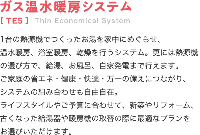 ガス温水暖房システム[TES]Thin Economical System1台の熱源機でつくったお湯を家中にめぐらせ、温水暖房、浴室暖房、乾燥を行うシステム。更には熱源機の選び方で、給湯、お風呂、自家発電まで行えます。ご家庭の省エネ・健康・快適・万一の備えにつながり、システムの組み合わせも自由自在。ライフスタイルやご予算に合わせて、新築やリフォーム、古くなった給湯器や暖房機の取替の際に最適なプランをお選びいただけます。